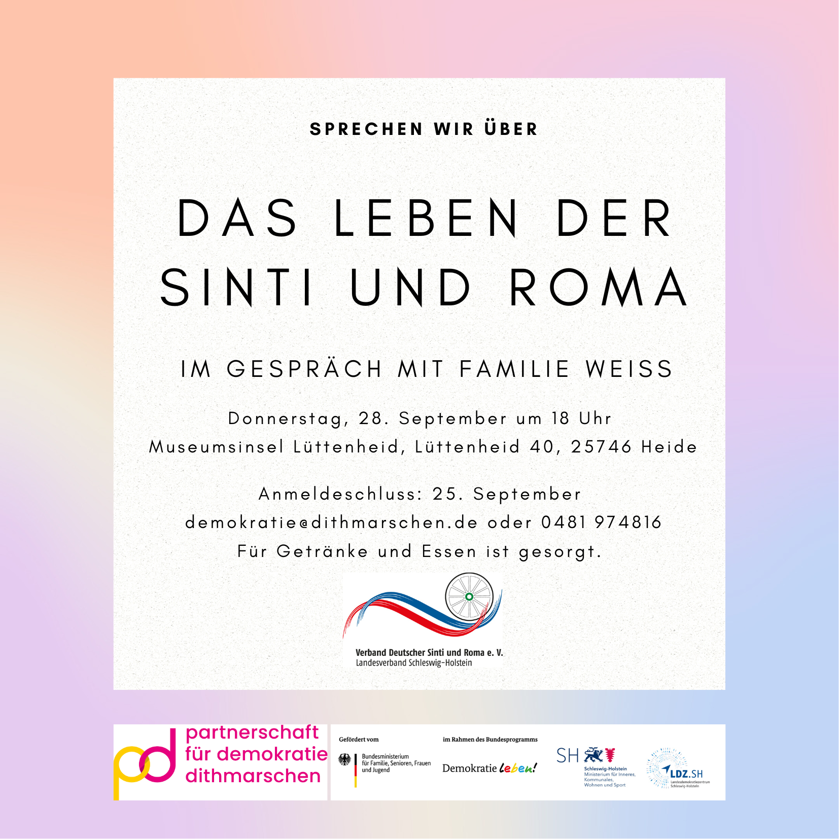 Einladung: Das Leben der Sinti und Roma, im Gespräch mit Familie Weiß 28. September 2023, 18 Uhr, Museumsinsel, Lüttenheid 40, Heide